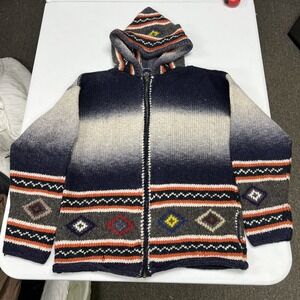 Handmade Wool Hooded Sweater Jacket Unisex Small Navy Ombre Fair Isle Geometric